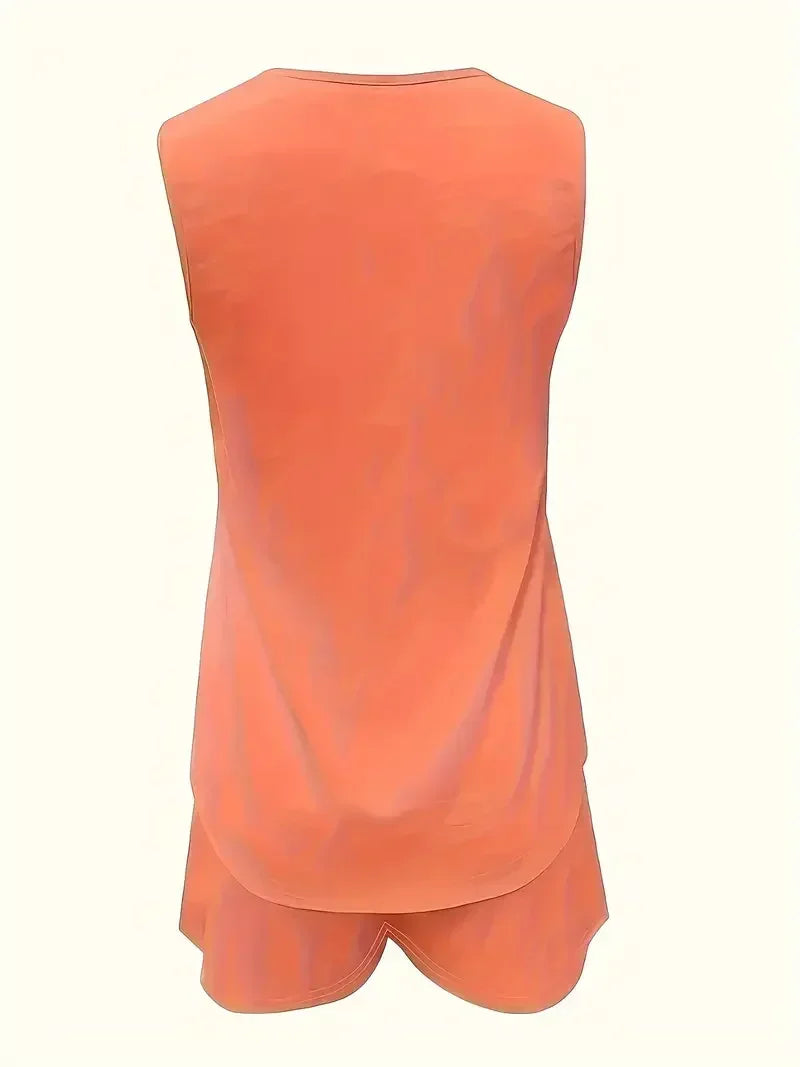 Plus Size 1XL-5XL Women Solid Chic Casual Two-Piece Set Comfortable Crew Neck Tank Top Grommet Eyelet Detail & Trendy Shorts