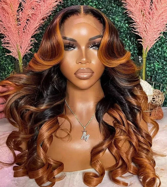Peluca de encaje 4x4 con cierre frontal Ombre Jengibre Marrón Color Pre-arrancada 13x6 HD Peluca frontal de encaje transparente Ondulada de Cabello Humano Naranja Jengibre