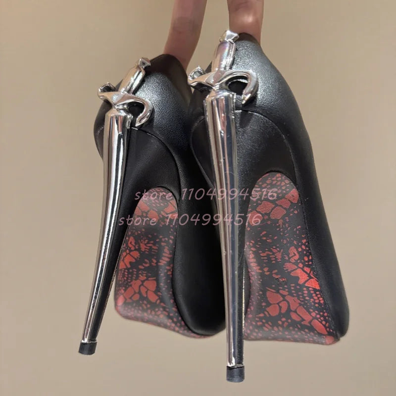 Gold Sword Shaped Pointed Stiletto Sandals Women Metal Decor Patent Leather High Heels Luxury Fashion One Strap Party Prom Shoes