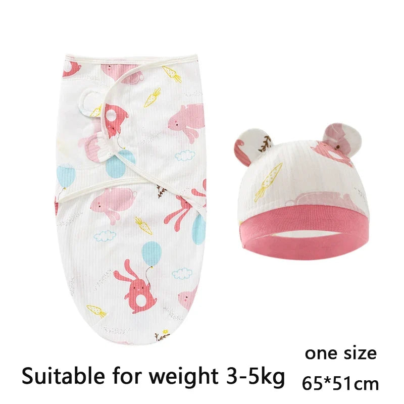 Baby Blanket Hat Set Cartoon Printed Cotton Newborn Swaddle Adjustable