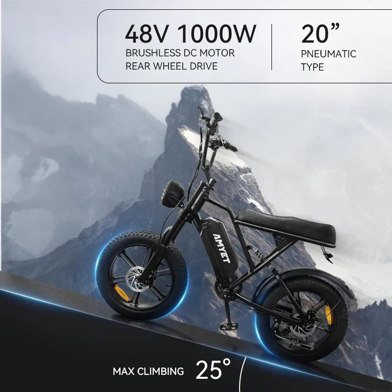 G60 E-Bike 1000W Adult Electric Bicycle 20” Fat Tire E-Bike 48V 15Ah Battery 45-55KM Range Dual Suspension 31MPH