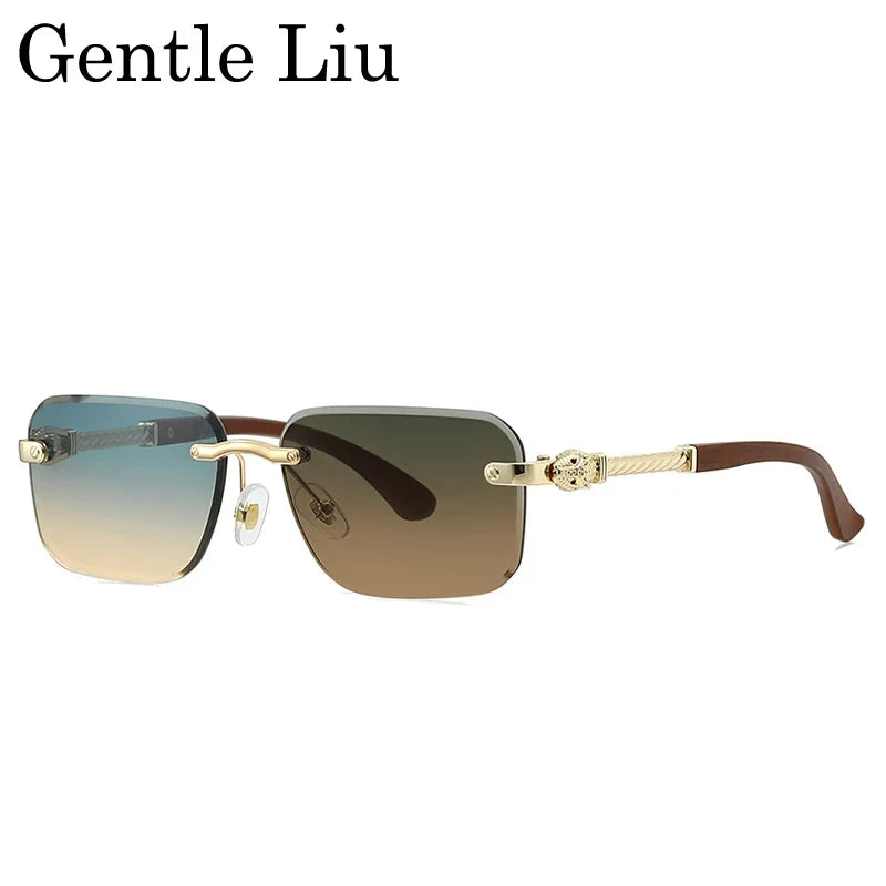Vintage Rimless Photochromic Sunglasses Men 2026 Luxury Designer Square Frameless Leopard Head Sun Glasses Driving Eyewear Shade