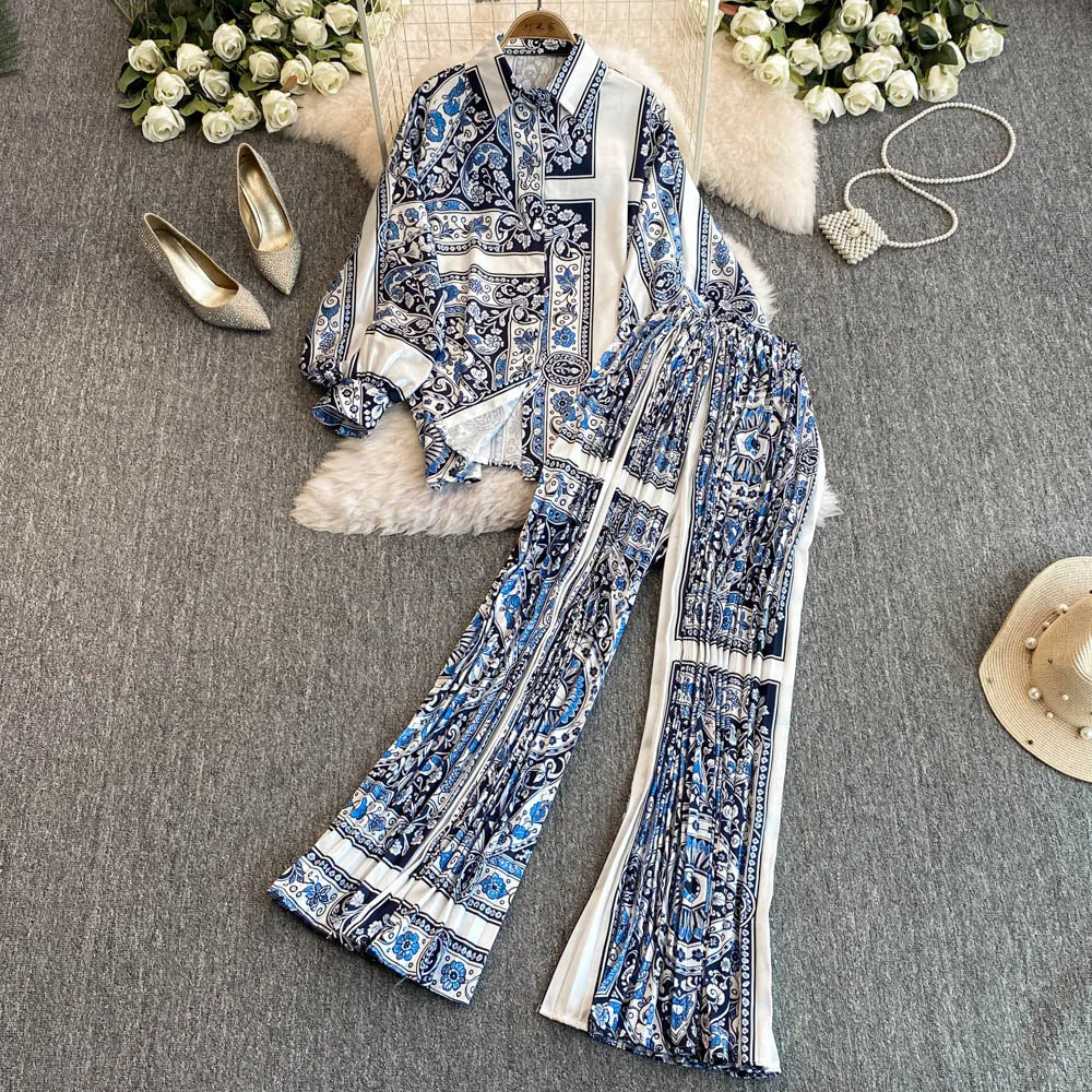 Elegant For Women's Fashion Sets Casual Long Sleeve Shirt Straight Pants Suit Female 2024 Loose Print Tops Two Pieces Outfits