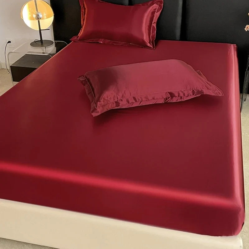 Summer Ice Silk Satin Fitted Sheet Solid Deep Pocket Mattress Cover Ultra Soft Wrinkle Resistant Bed Cover No Pillowcase For Sin