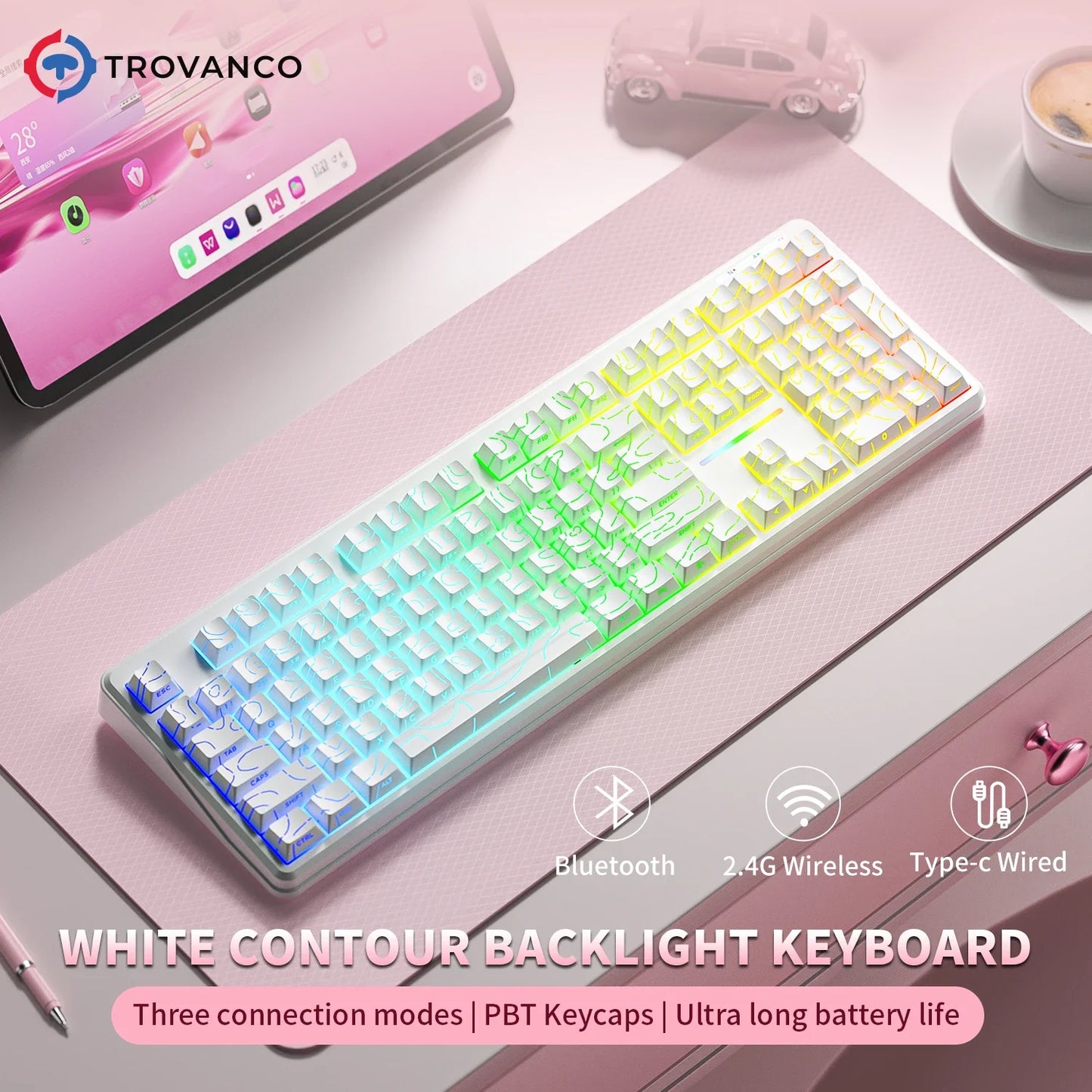 V108 Bluetooth Keyboard  Office Low Noise 2.4G Wired&Wireless Full Layout with RGB Backlit Membrane