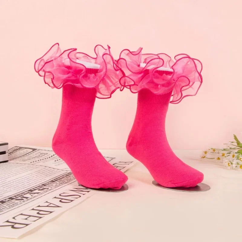 1 Pair Girls' Puffy Lace Socks Children's Combed Cotton Lace Socks