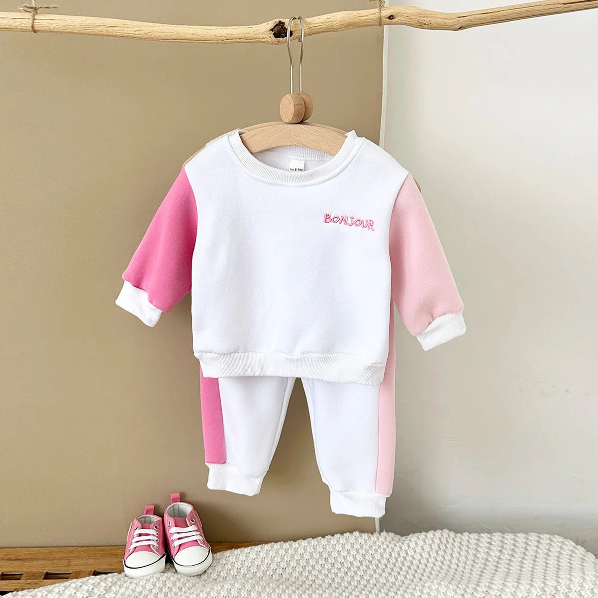 Infant Outfit Sets Baby Boys Clothes Bonjour Print Top Pants Thick Warm Girls Stylish Sportswear Autumn Winter Long Sleeve 2Pcs
