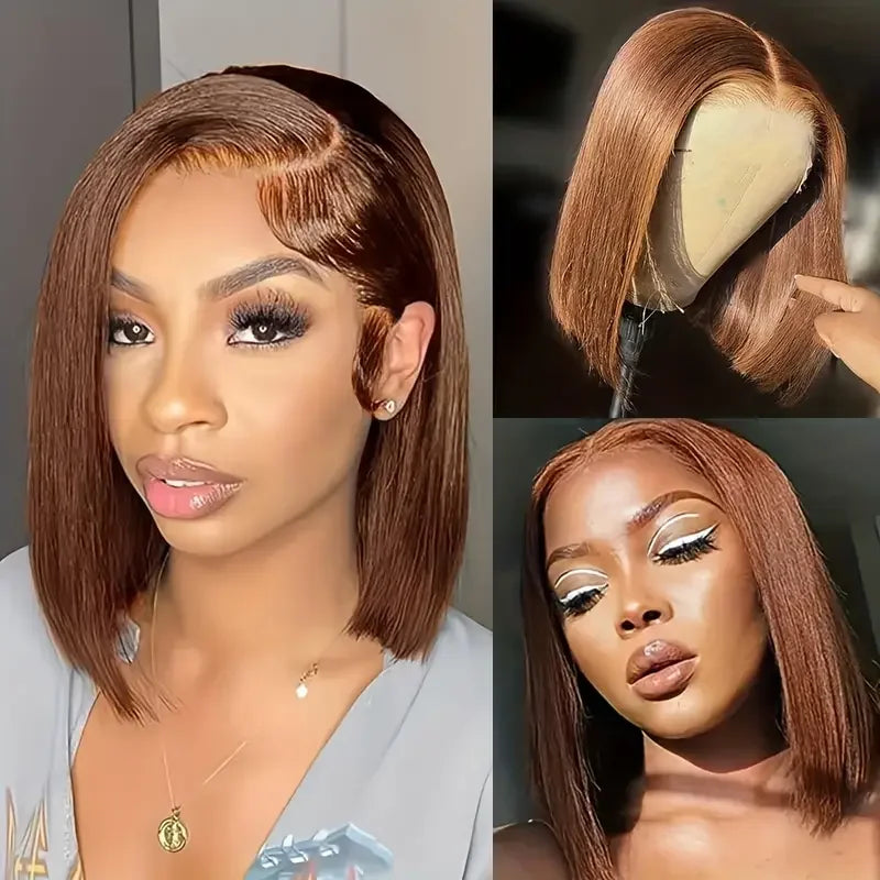 16Inch Chocolate Brown Straight Bob Wig 13X4 Lace Frontal Wig Natural Hairline Lace Front  Short Wig Human Hair 100% Pre Plucked