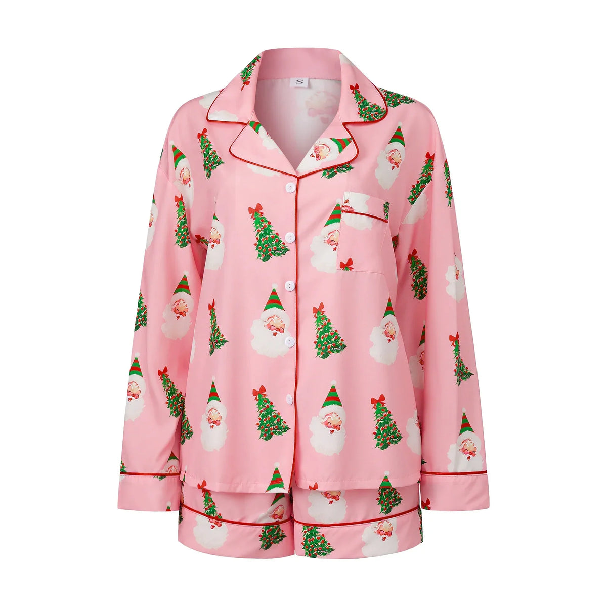Women's Christmas Two Pieces Pajama Set Long Sleeve Lapel Santa Claus/Christmas Tree Print Shirt Shorts Loose Sleepwear