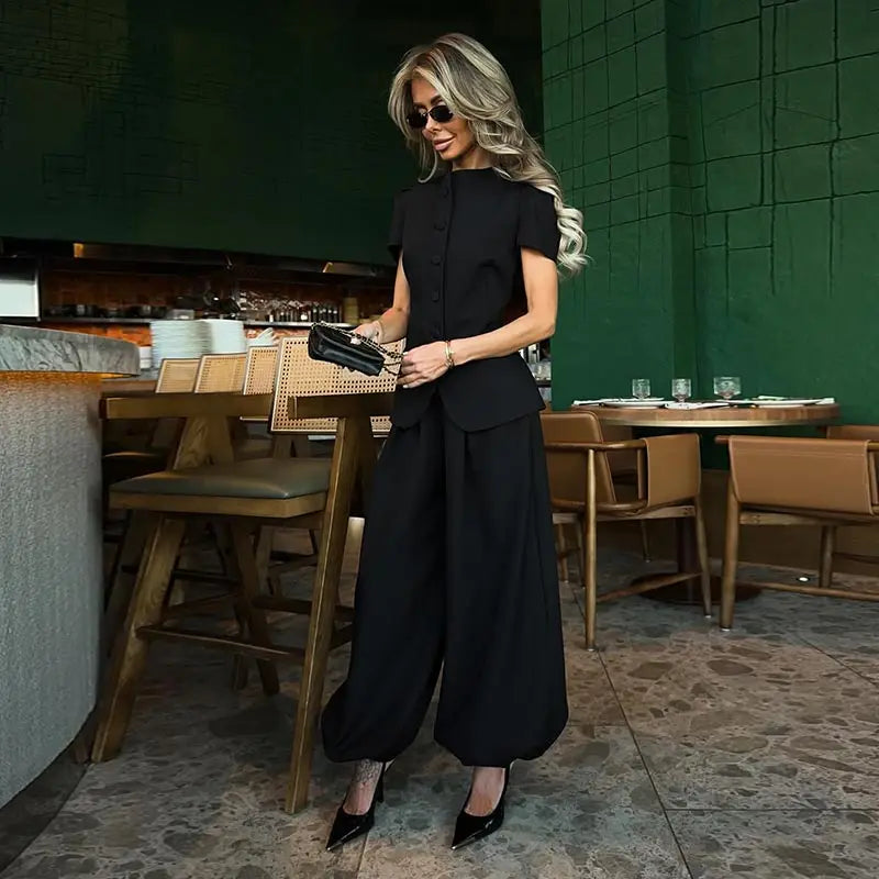 Casual Women's Waist Cinched Blazer Pants Set O-neck Puff Sleeve Shirts Loose Lantern Pant 2026 Summer Lady Chic Commute Suit