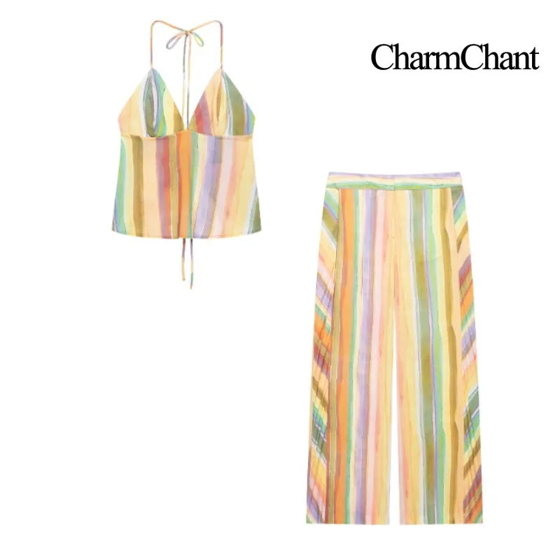 CHARMCHANT Women's Colorful Stripe Two Piece Outfit Halter Backless Tie Top Wide Leg Trousers Holiday Matching Suit Summer 2026