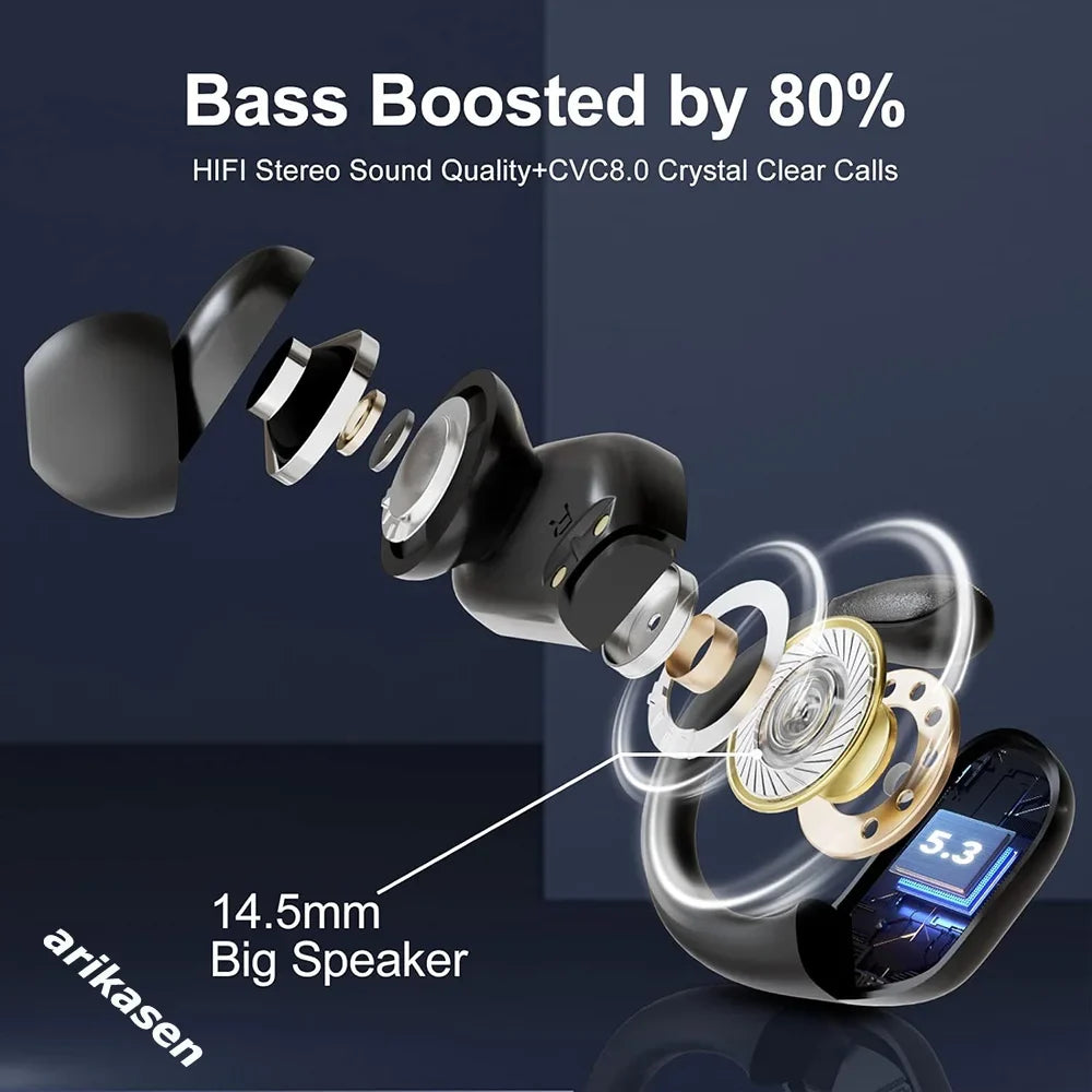 Bluetooth 5.3 Headphones True Wireless Earbuds Bass Stereo Sound with LED Power Display Case 60H Playback Earphones With Mic ENC