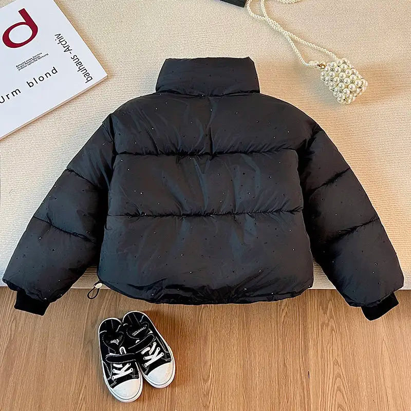 2025 Winter Girls Rhinestone Puffer Jacket Korean Star-Studded Fashion Coat Glitter Zip-Up Quilted Down Jacket