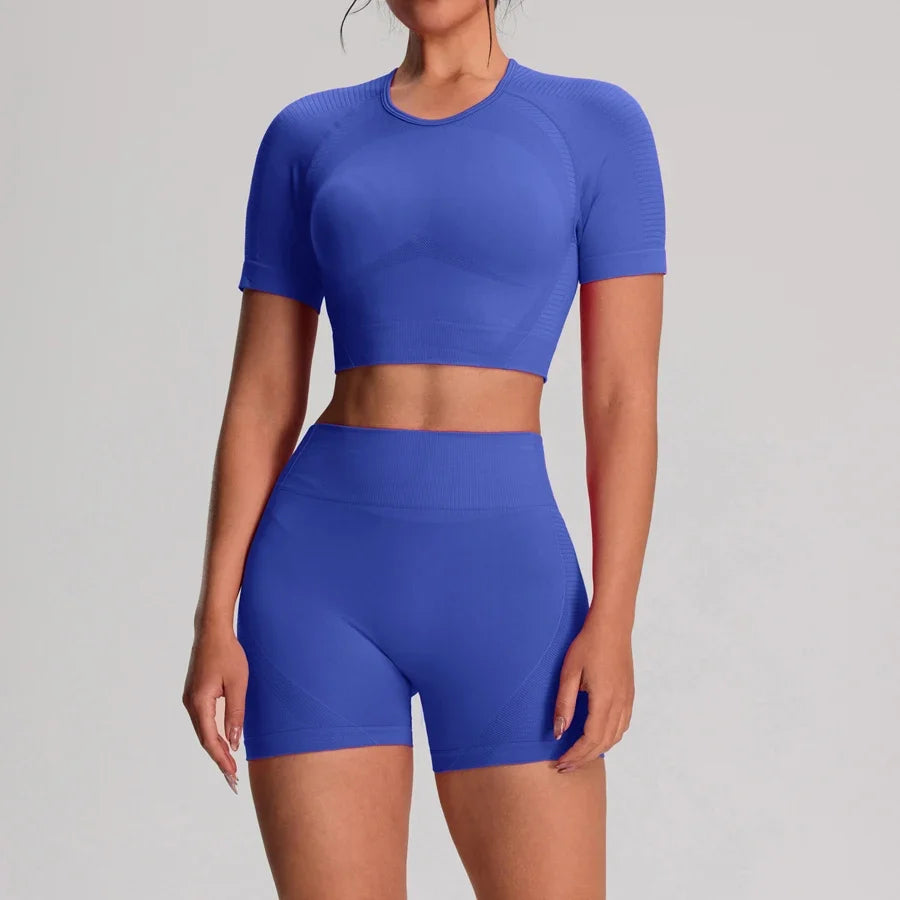 2pcs/sets Yoga Sport T-shirts Shorts Set Sportswear Woman Gym Seamless Workout Vest Shorts Leggings Activewear Women's Tracksuit