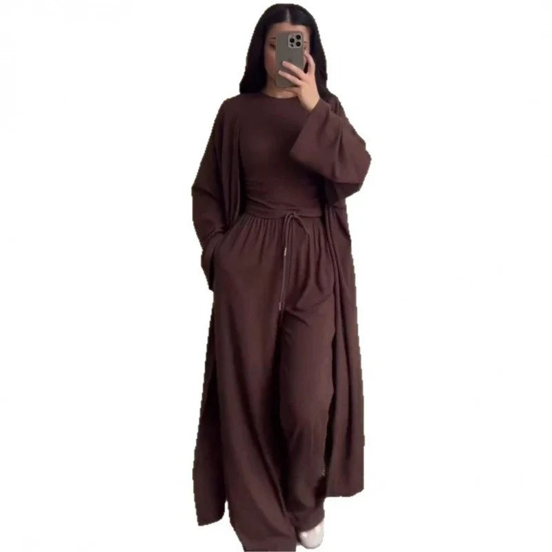 Pant Set Women Three Piece Sets Round Neck Short Sleeve Shirt Straight Pants Lace Up Long Robe Y2k Streetwear Work Casual 2026