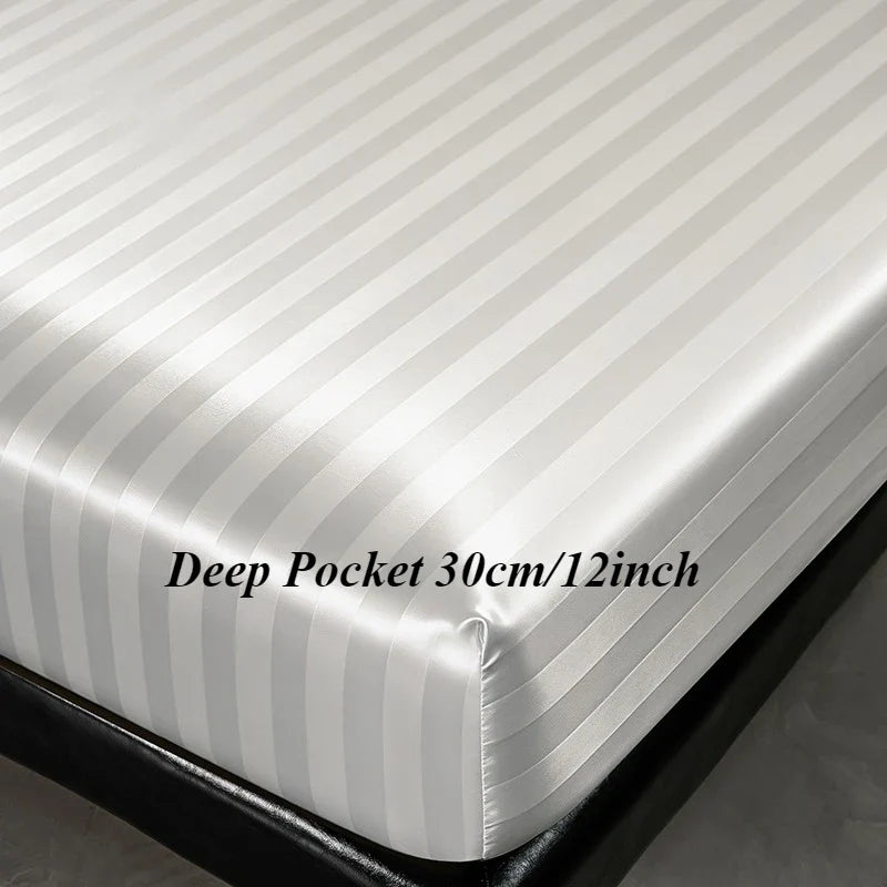 Luxury Satin Striped with Elastic Band Fitted Sheet Silky Soft Deep Pocket Bed Cover Standard Size Twin Full Queen King Bedding