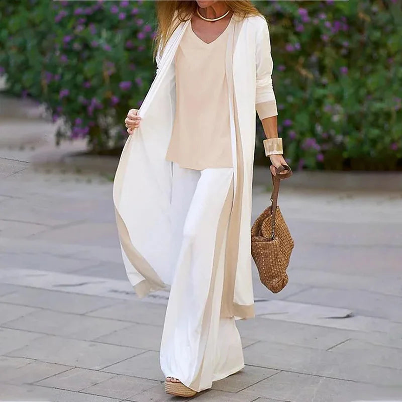 Sexy V Neck T-shirt Pants Jacket Set Office Lady Spring Autumn Solid Blouse Trousers Coat Three Piece Set Women Outfit 2023