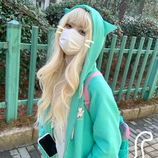 Sudadera con capucha de gato ángel turquesa