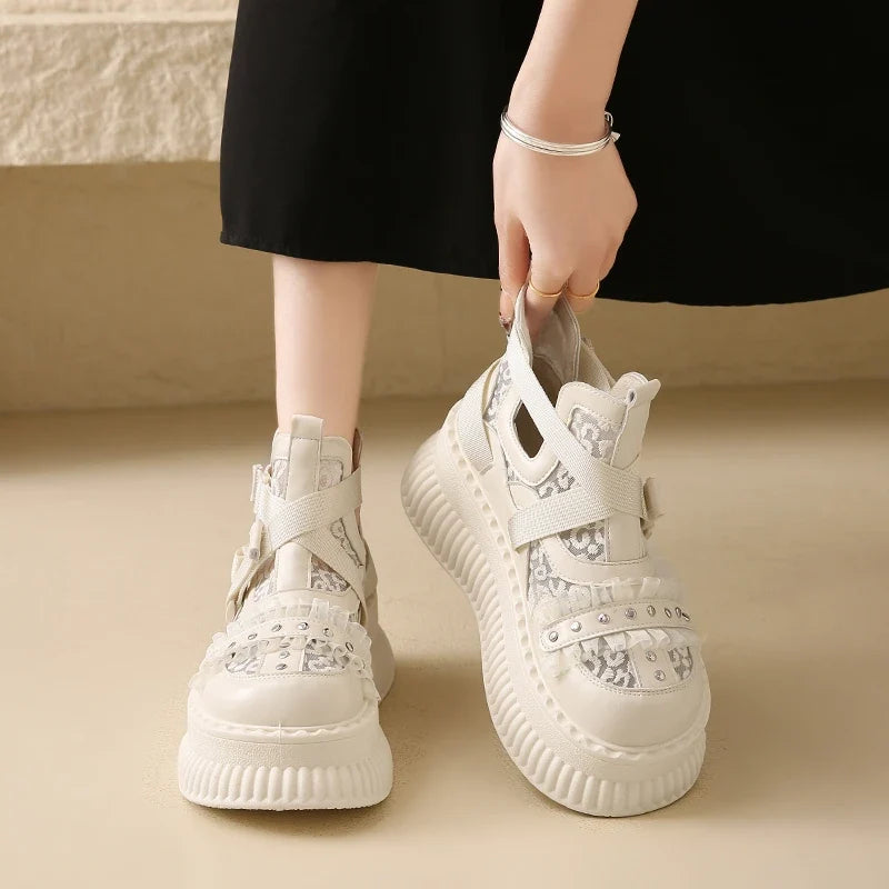 Lace Thick Bottom Sneaker Pumps Belt Buckle Elegant Fashion Comfortable Sexy Genuine Leather Women Shoes Round Toe New Hot Girls