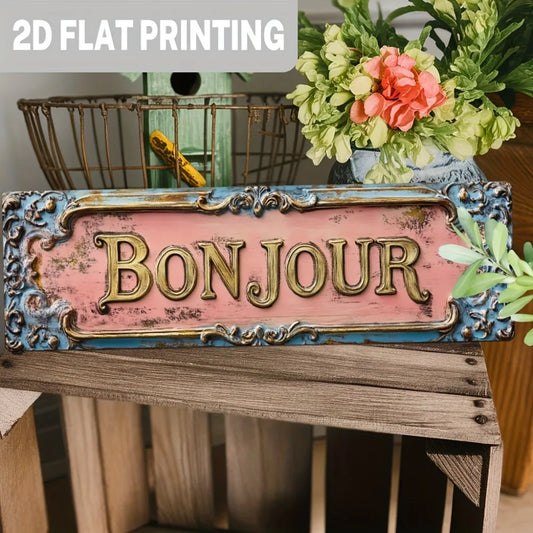Vintage "Bonjour" French Wooden Sign - 5x16" Parisian Floral Cafe Decor, Living Room Bedroom Art