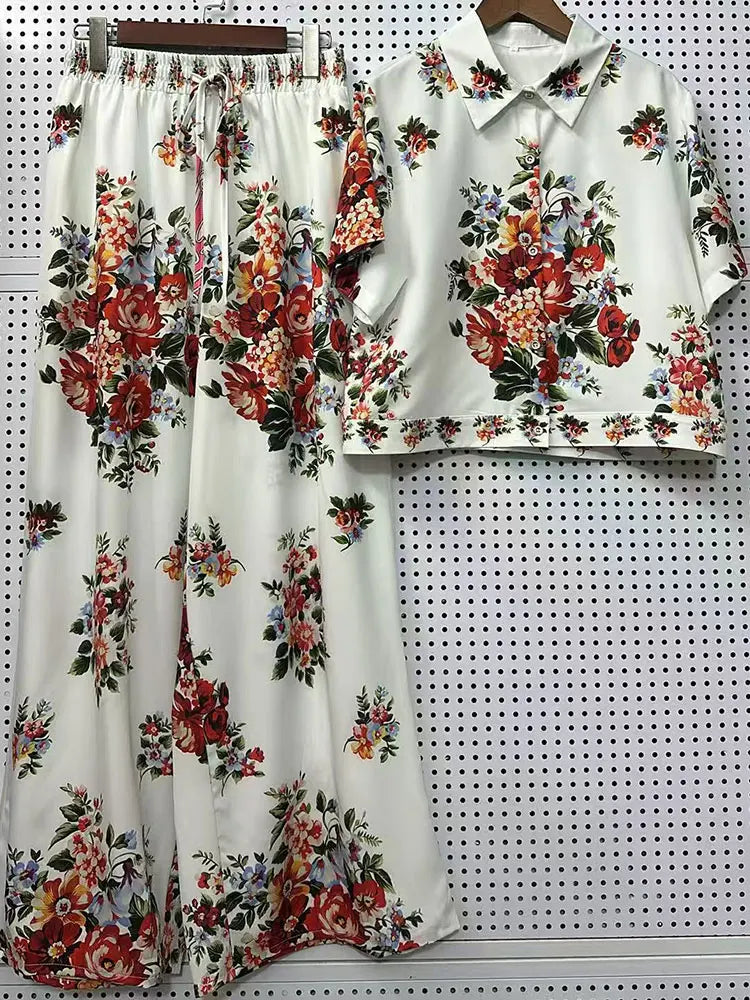 2026 Summer New Fashion Women's Print Suit Lapel Short Sleeve Short Waist Shirt + Elastic Waist Straight Trousers Two-Piece