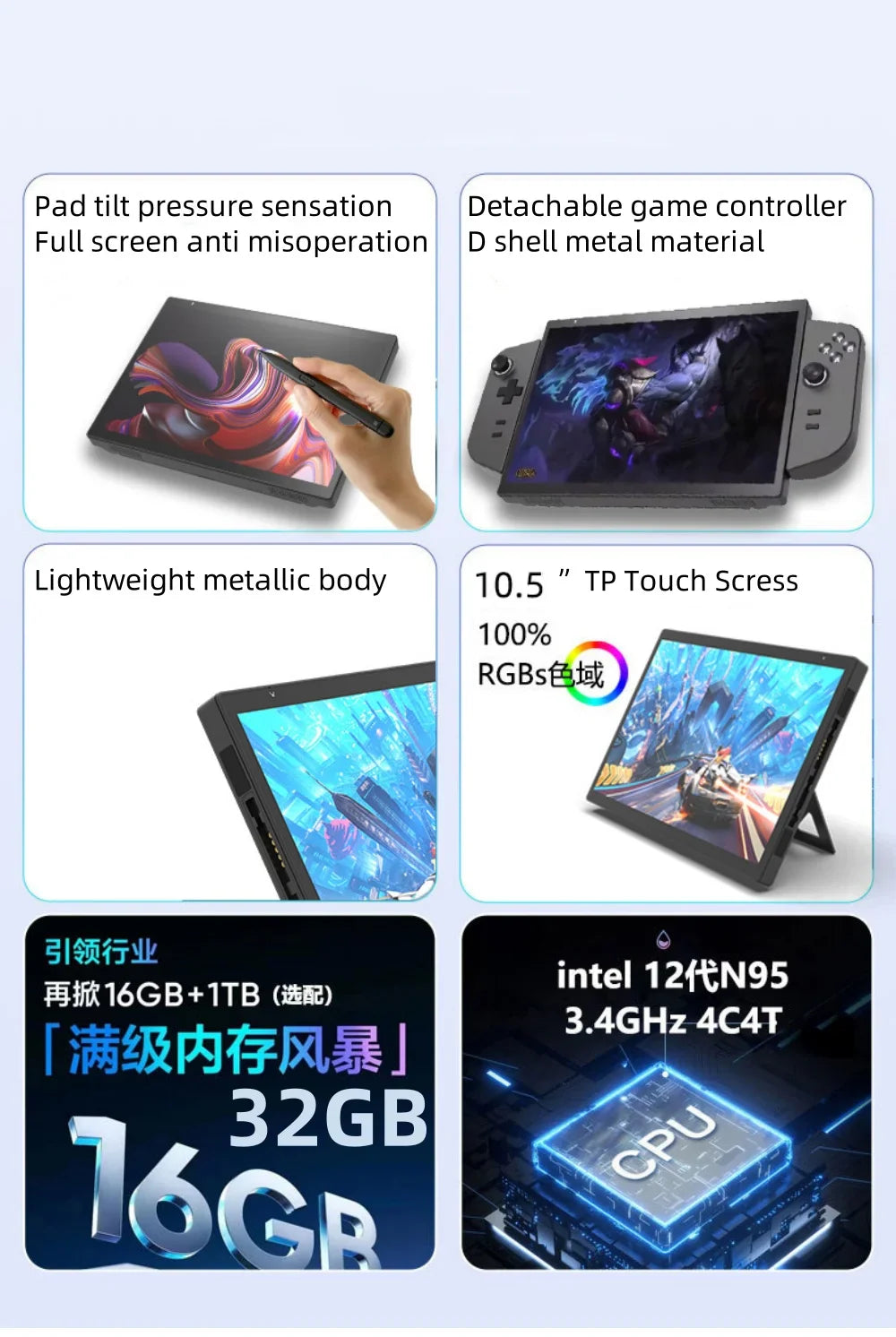 10.5" Handheld Gaming PC Intel N95 16GB RAM 512GB/1TB SSD Gaming PC Portable Mini Laptop with Detachable Gamepad Touch Screen PC