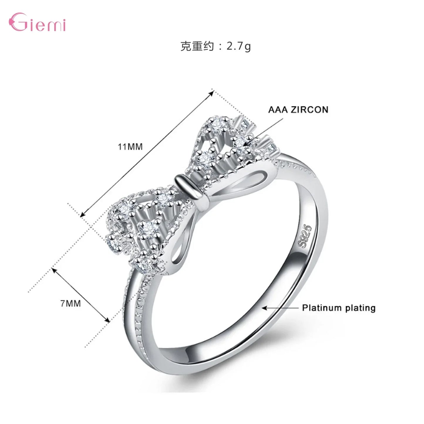 925 Sterling Silver Bowknot Bow Knot Cubic Zirconia Rhinestone Rings