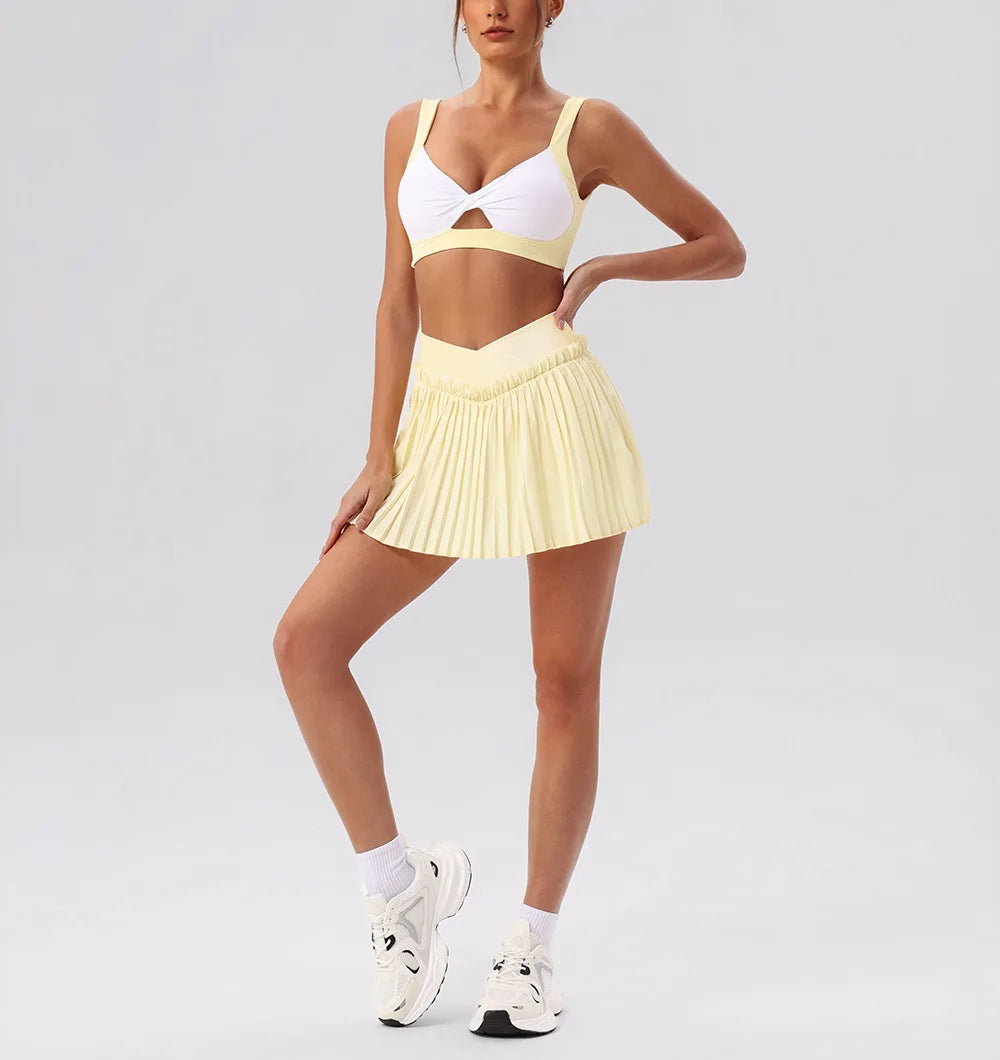 Tight Yoga Sets Women's Tracksuit Sexy Color Contrast Hollow Out Sports Bra High Waist Pleate Tennis Short Skirt Fitness Suits