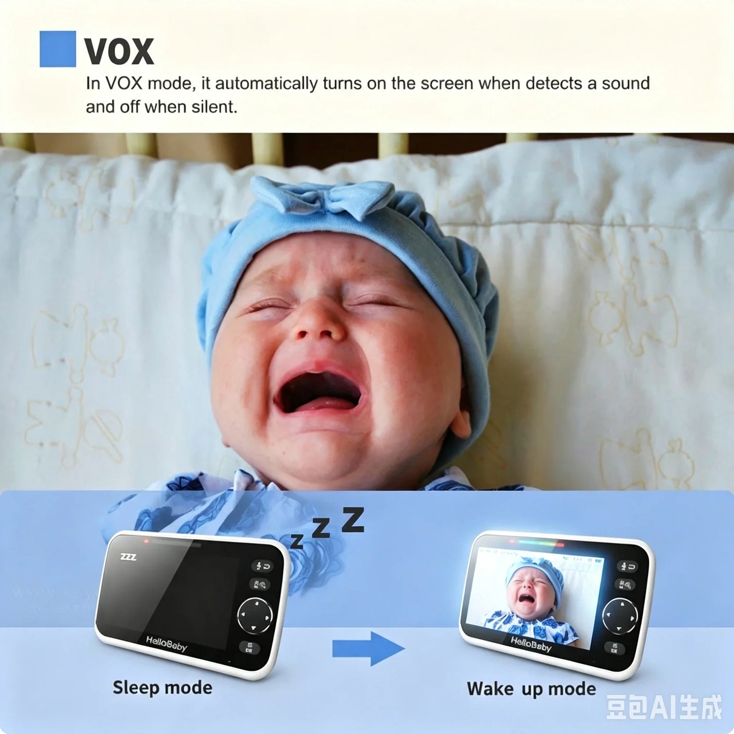 HelloBaby HB050 Baby Monitor, 5.0'' Diagonal Color Screen, Two-way Talk, Crying Detection, Infrared Night Vision, Temperature Detection, 2x Digital Zoom, Lullaby Playing