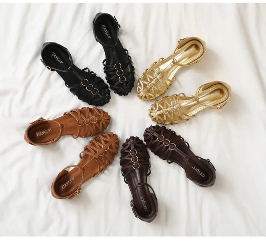 Plus Size Women Roman Sandals Woven Chunky Heel Closed Toe Ankle Strap Hollow Vintage Fashion Dress Beach Gladiator Sandalias