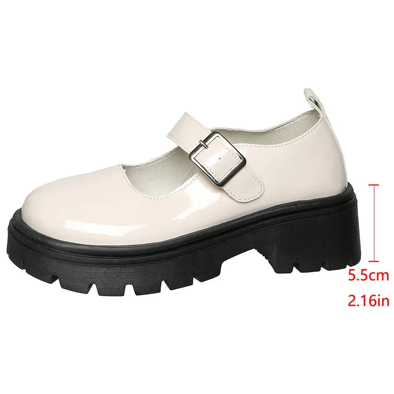 Patent Leather Thick Sole Mary Jane Shoes Women 2025 Ankle Buckle Platform Pumps Woman Round Toe High Heel Lolita Shoes Female