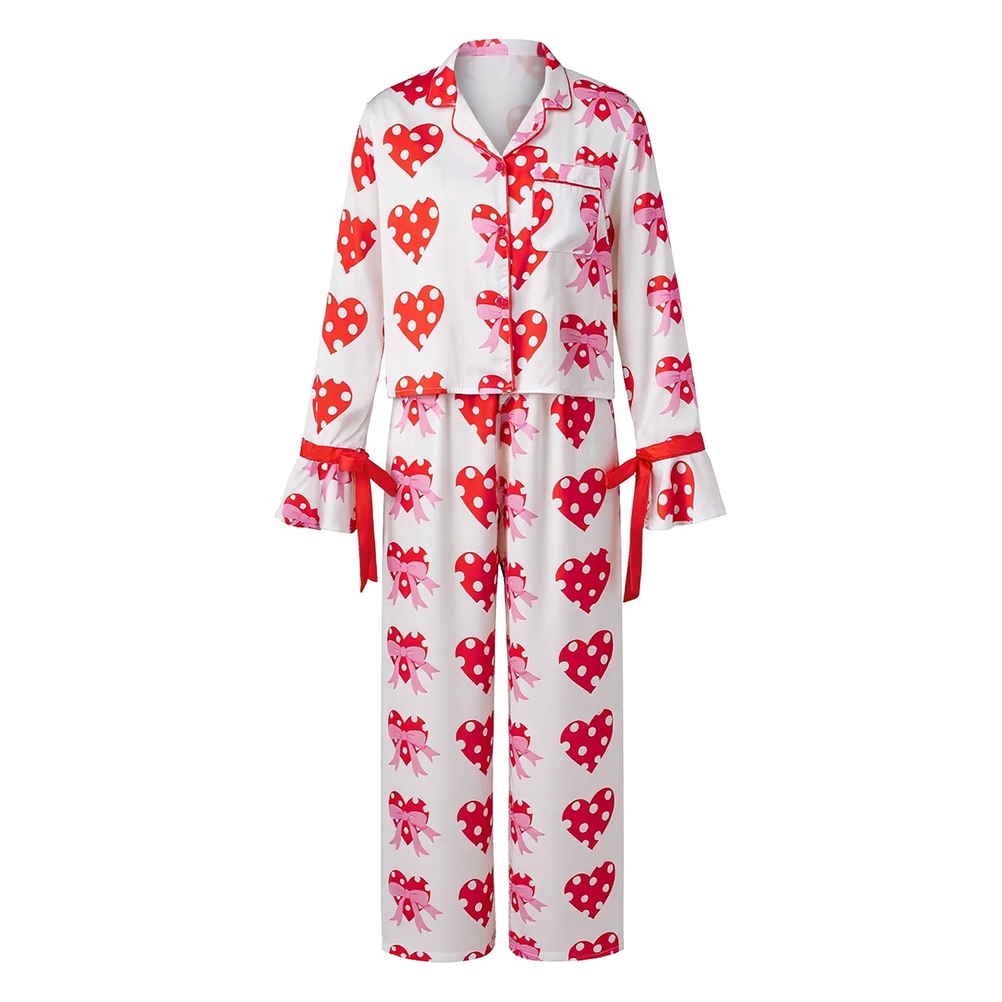 Women 2025 Heart Print Pajama Set Long Sleeve Button-up Tops and Pants 2 Piece Valentines Day Sleepwear Outfit