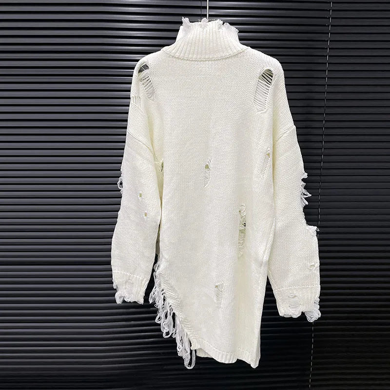 Distressed Half-Zip High Collar Knit Sweater