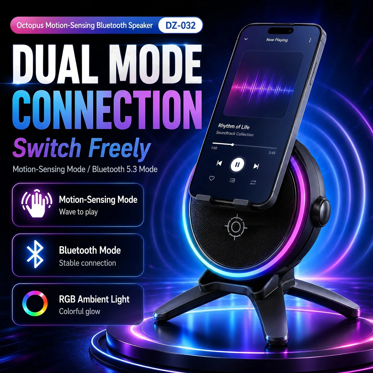 Wireless Sensor Bluetooth Speaker 5.3, HiFi 9D Sound RGB Light Long Battery Phone Stand for iPhone Samsung Xiaomi