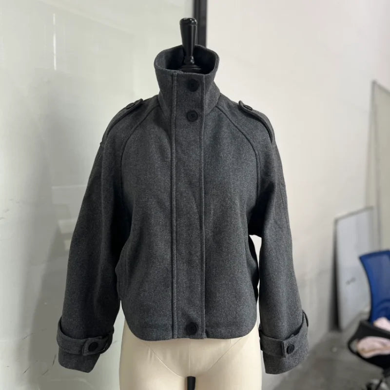 Fashion Short Woolen Coat For Women Stand Collar Full Sleeve Loose Zipper Jacket Female 2025 Spring Autumn Solid Lady Outwear