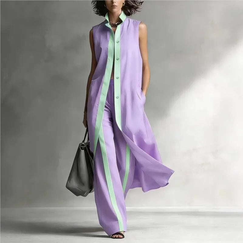 Women's Two-piece Sleeveless Stand-up Collar Vest Cardigan Trousers 2026 Summer New Loose Fashion Casual Contrast Color Suit