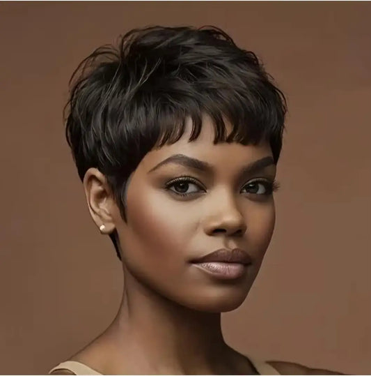 Peluca sintética corta de cabello negro, peluca de corte Pixie con flequillo, peluca corta sintética para mujer, peluca de fiesta de pelo corto.
