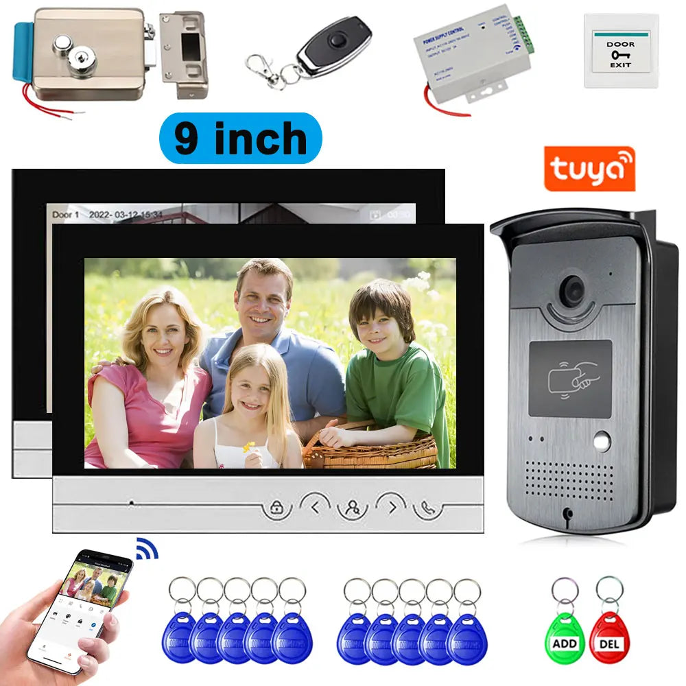  WiFi Video Doorphone Intercom 4 Wire 1V1/1V2 9 inch LCD RFID Camera Doorbell Access Control System APP Unlock W/ Electric Lock