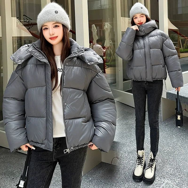 2026 Winter Women Thicke Cotton Coat Loose Hooded Puffer Jacket New Cropped Down Cotton Padded Coat  Female Parkas Outwear
