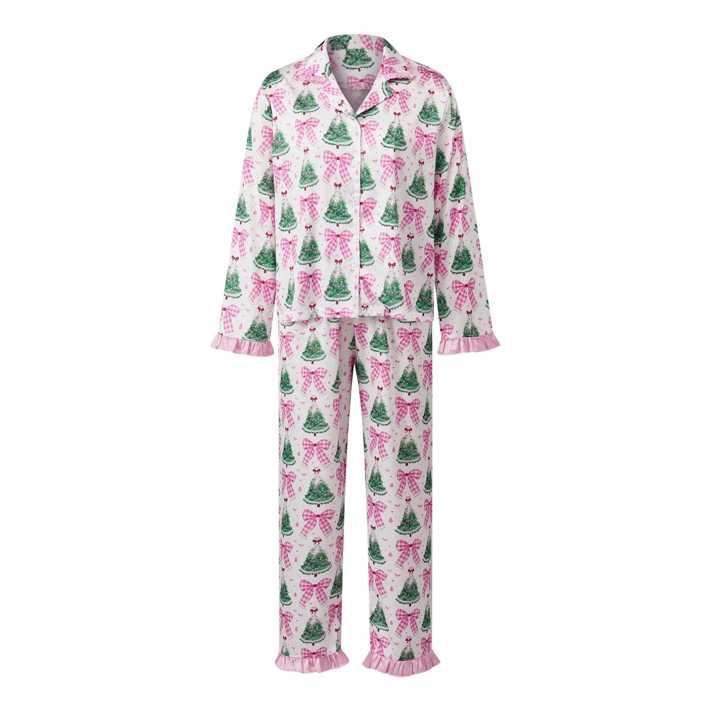 Women's Christmas Pajama Set Featuring Festive Santa Tree and Bow Prints 2 Piece Lounge Nightwear Sleepwear