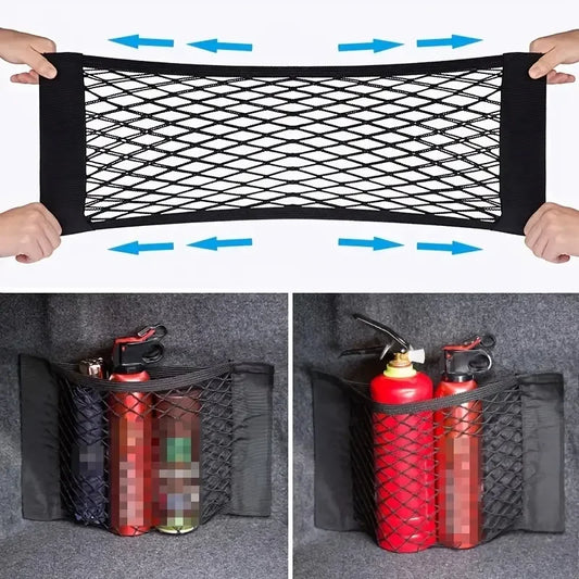 GripGrid Universal Car Mesh Storage Net – Double Elastic Trunk Organizer & Fire Extinguisher Holder for Seats, Sidewalls & Chaos Control