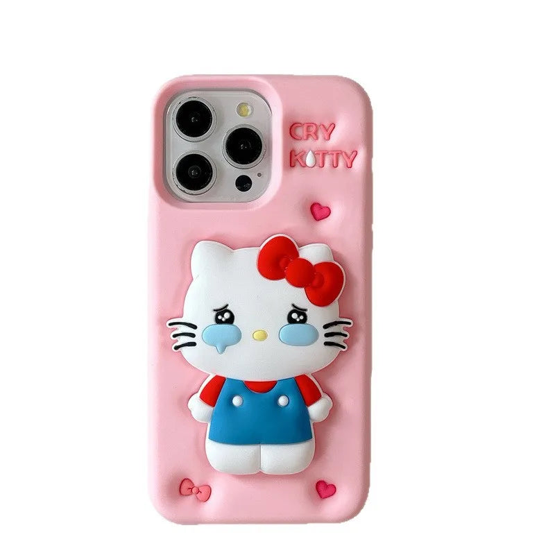 Funda de teléfono de silicona suave con soporte telescópico de dibujos animados 3D de Kawaii Cry Hello Kitty para iPhone