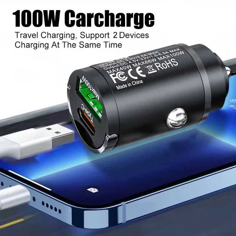 100W USB Car Charger Dual Ports Fast Charging Car Phone Charger For iPhone Samsung Xiaomi Quick Charge 3.0 Type C Charger In Car