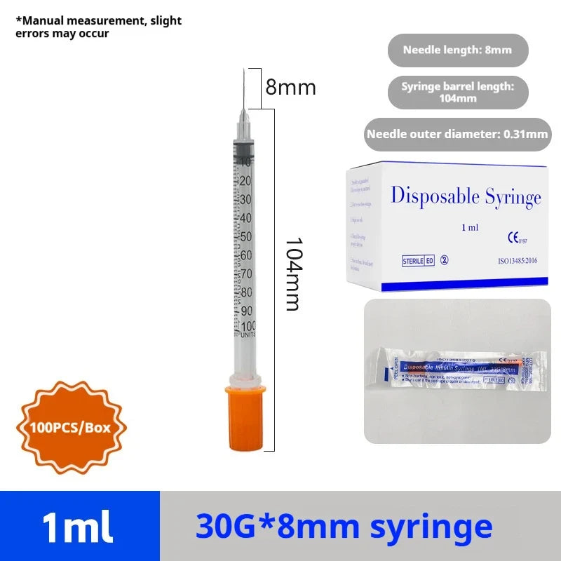 100pcs 1ml Sterile Insulin Syringe, Individually Wrapped Plastic