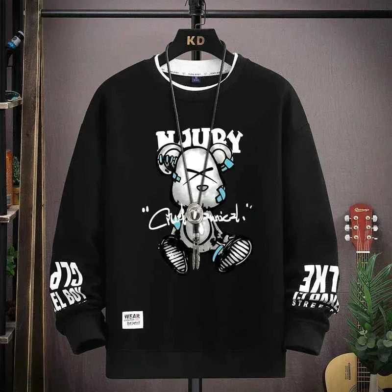Autumn Men’s Sweatshirt Cool Bear Print Long Sleeve T-shirt Khaki O Neck Harajuku Exclusive Design Top