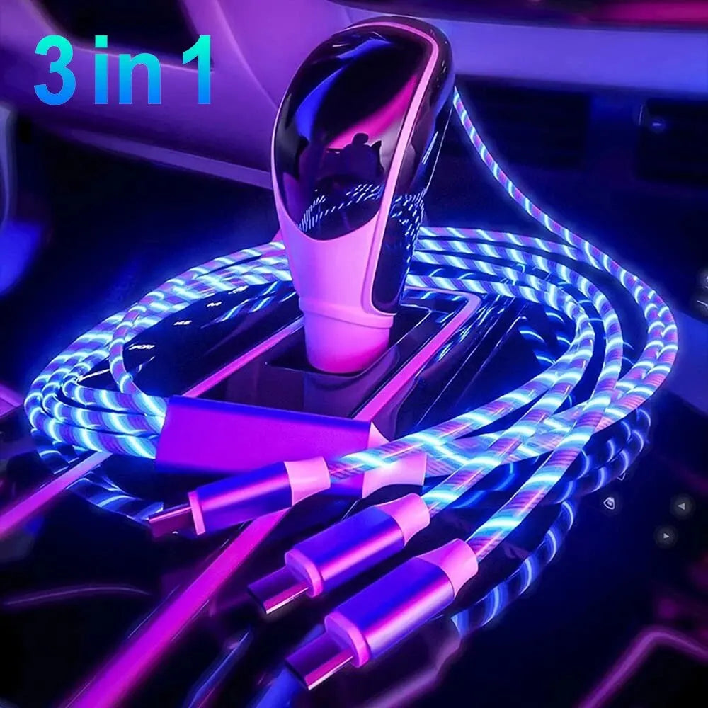 3 in 1 Fast Charging Cable with LED Lighting, 3A, Micro USB Type C, for IPhone, Samsung, Xiaomi, Phone Charger