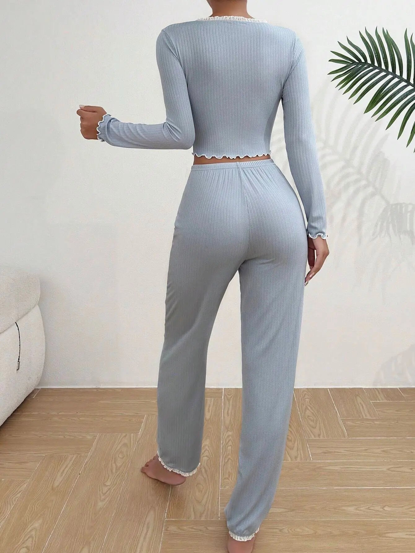 Y2K Ribbed Knit Loungewear Set for Women Long Sleeve V Neck Button Top and Pants Pajamas Two Piece Sleepwear with Lace Trim New