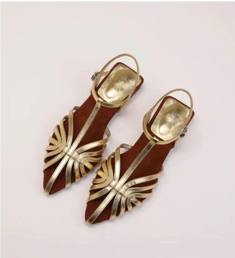 ZAROY Women Roman Sandals Summer Low Heel Ankle Strap Buckle Sandals Pointed Toe Hollowed Out T-strap Sandalias сандали