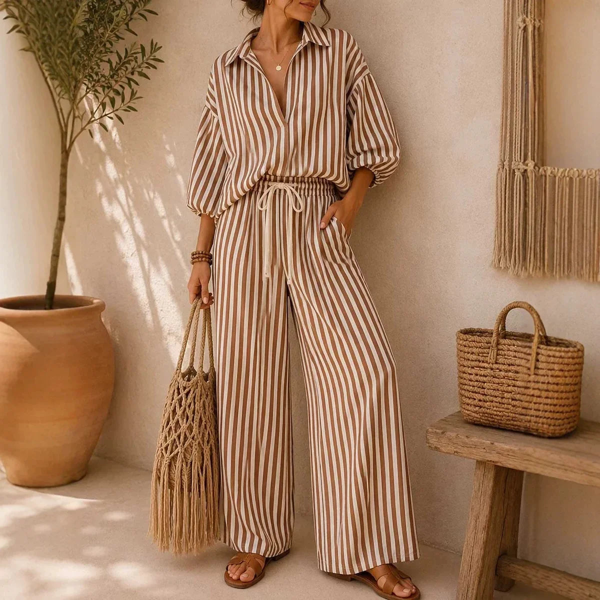 Fashion Stripe Two Piece Set Women Summer Autumn Casual V Neck Long Sleeved Top Wide Leg Pants 2 Piece Suit Women Outfit Sets