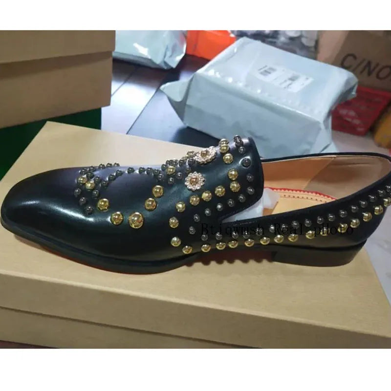 Gold Rivet Studded Shoes Man Pointed Toe Black Real Leather Hand-made Flats Male Fashion Party Shoes